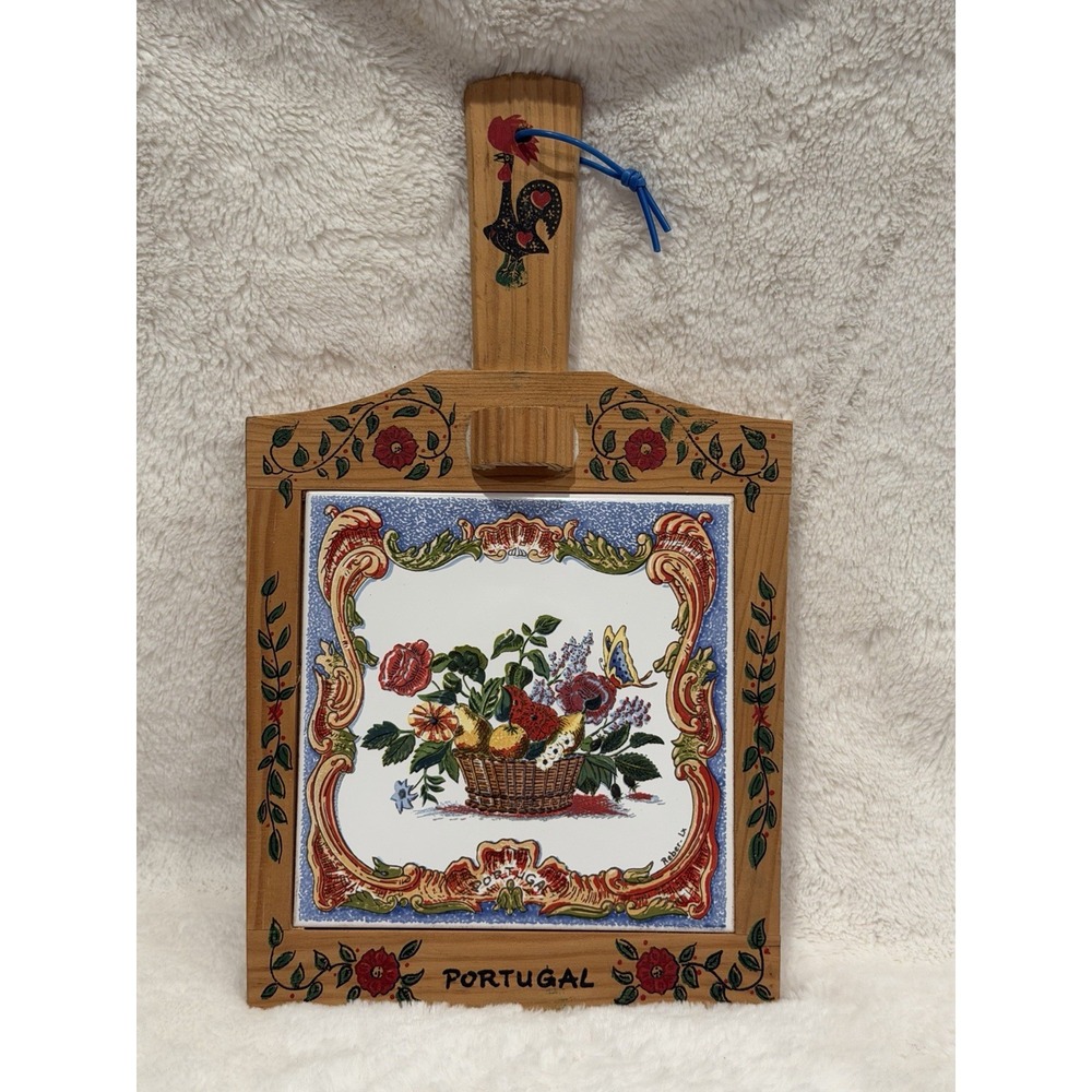 VTG Portugal Hand Painted Tile Inlay Cheese Trivet Cutting Board Floral Rooster